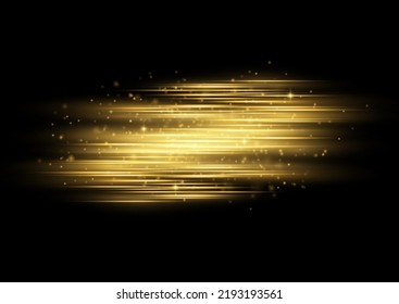 Luminous abstract sparkling gold lined background. Golden line flare glowing borders, yellow horizontal beams. Set of light transparent realistic rays for design on a black background. Vector