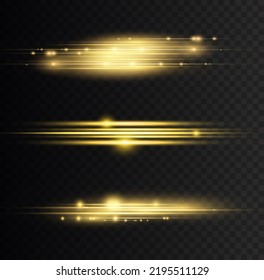 Luminous abstract sparkling gold lined background. Golden line flare glowing borders, yellow horizontal beams. Set of light transparent realistic rays for design on a black background. Vector