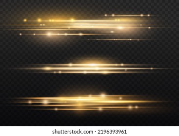 Luminous abstract sparkling gold lined background. Golden line flare glowing borders, yellow horizontal beams. Set of light transparent realistic rays for design on a black background. Vector