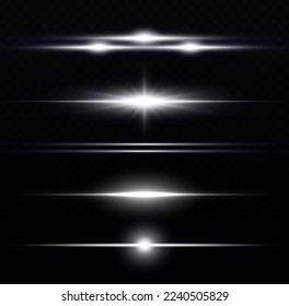 Luminous abstract sparkling line. Laser beams on transparent background. Magic of moving fast speed lines. Horizontal light rays. Flash white lens flares pack. Glow flare, bright silver glare. Vector 