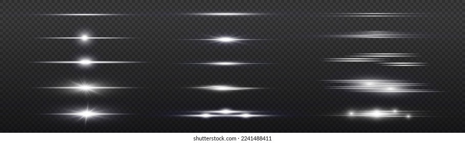 Luminous abstract sparkling line. Laser beams on transparent background. Magic of moving fast speed lines. Horizontal light rays. Flash white lens flares pack. Glow flare, bright silver glare. Vector 