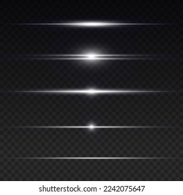 Luminous abstract sparkling line. Laser beams on transparent background. Magic of moving fast speed lines. Horizontal light rays. Flash white lens flares pack. Glow flare, bright silver glare. Vector 
