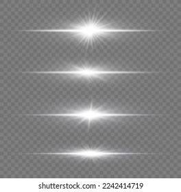 Luminous abstract sparkling line. Laser beams on transparent background. Magic of moving fast speed lines. Horizontal light rays. Flash white lens flares pack. Glow flare, bright silver glare. Vector 
