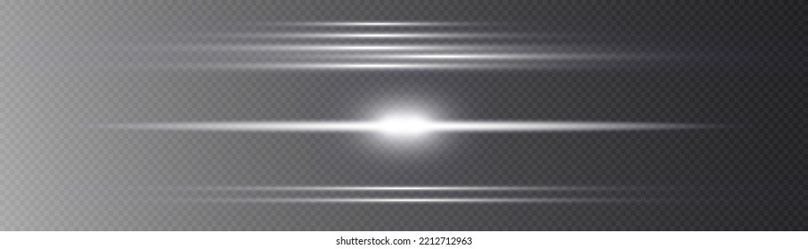 Luminous abstract sparkling line. Magic of moving fast speed lines. Horizontal light rays. Flash white lens flares pack. Laser beams on transparent background. Glow flare, bright silver glare. Vector 