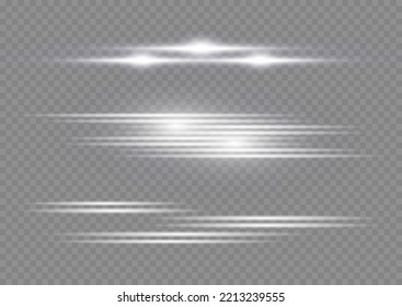 Luminous abstract sparkling line. Magic of moving fast speed lines. Horizontal light rays. Flash white lens flares pack. Laser beams on transparent background. Glow flare, bright silver glare. Vector 