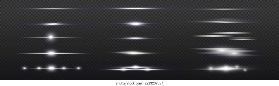 Luminous abstract sparkling line. Magic of moving fast speed lines. Horizontal light rays. Flash white lens flares pack. Laser beams on transparent background. Glow flare, bright silver glare. Vector 