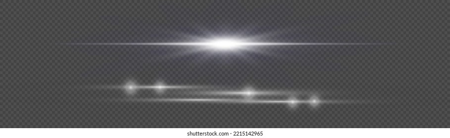 Luminous abstract sparkling line. Magic of moving fast speed lines. Horizontal light rays. Flash white lens flares pack. Laser beams on transparent background. Glow flare, bright silver glare. Vector 