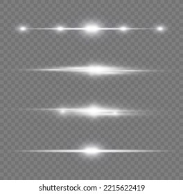 Luminous abstract sparkling line. Magic of moving fast speed lines. Horizontal light rays. Flash white lens flares pack. Laser beams on transparent background. Glow flare, bright silver glare. Vector 
