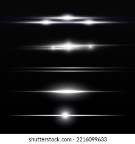 Luminous abstract sparkling line. Magic of moving fast speed lines. Horizontal light rays. Flash white lens flares pack. Laser beams on transparent background. Glow flare, bright silver glare. Vector 