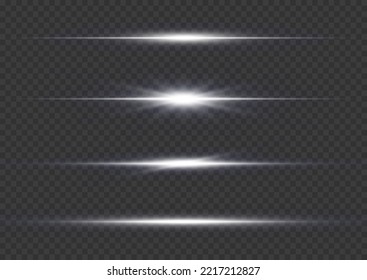 Luminous abstract sparkling line. Magic of moving fast speed lines. Horizontal light rays. Flash white lens flares pack. Laser beams on transparent background. Glow flare, bright silver glare. Vector 