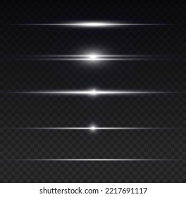 Luminous abstract sparkling line. Magic of moving fast speed lines. Horizontal light rays. Flash white lens flares pack. Laser beams on transparent background. Glow flare, bright silver glare. Vector 