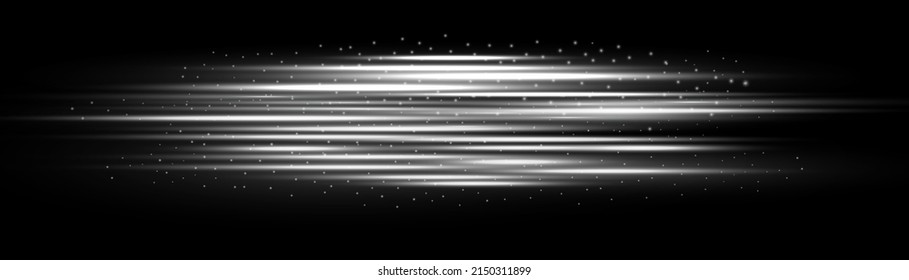 Luminous abstract sparkling lined background. Line flare glowing borders, white horizontal beams. Set of light transparent realistic rays for design isolated on a black background. Vector