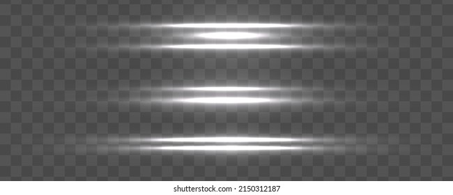 Luminoso fondo brillante abstracto. Bordes brillantes de líneas, vigas horizontales blancas. Conjunto de rayos realistas transparentes claros para el diseño aislado en un fondo transparente. Vector