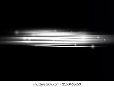 Luminous abstract sparkling lined background. Line flare glowing borders, white horizontal beams. Set of light transparent realistic rays for design isolated on a black background. Vector