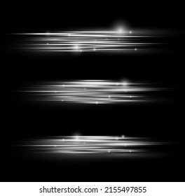 Luminous abstract sparkling lined background. Line flare glowing borders, white horizontal beams. Set of light transparent realistic rays for design isolated on a black background. Vector