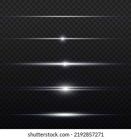 Luminous abstract sparkling lined background. Line flare glowing borders, white horizontal beams. Set of light transparent realistic rays for design isolated on a transparent background. Vector