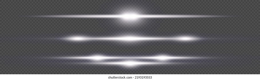 Luminous abstract sparkling lined background. Line flare glowing borders, white horizontal beams. Set of light transparent realistic rays for design isolated on a transparent background. Vector