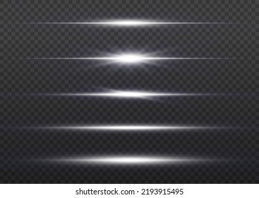 Luminoso fondo brillante abstracto. Bordes brillantes de líneas, vigas horizontales blancas. Conjunto de rayos realistas transparentes claros para el diseño aislado en un fondo transparente. Vector