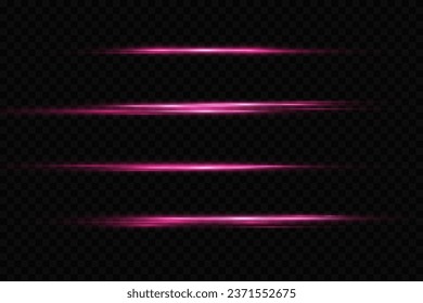 Luminosas líneas de destello abstractas. Conjunto de bengalas horizontales púrpura, vigas láser. La luz violeta de las estrellas explota.