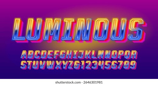 Luminous alphabet font. Glowing neon 80s style letters and numbers. Stock vector typeface for your design.
