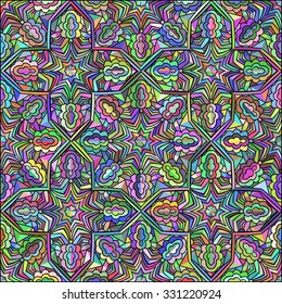 Luminous Arabic ornament in stained glass style. Geometric tile pattern in vivid colors. Fantasy oriental background. Stylized orient square motif. Vector file is EPS8.