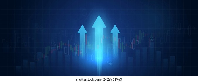 A luminous arrow pointing upwards on a dark blue background. The concept of business growth and competition. The market profit chart. Vector illustration.