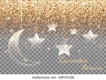 Luminous background with light burst, the moon and the stars. Ramadan mubarak design. 