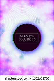 Luminous background with liquid neon shapes. Purple fluid. Fluorescent cover with bauhaus gradient. Graphic template for placard, presentation, banner, brochure. Trendy luminous background.