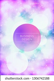 Luminous background with liquid neon shapes. Purple fluid. Fluorescent cover with bauhaus gradient. Graphic template for brochure, banner, wallpaper, mobile screen. Shiny luminous background.