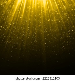 Luminous background of sun flares. Golden sparks glitter special light effect. Glowing background of sparkles particles.