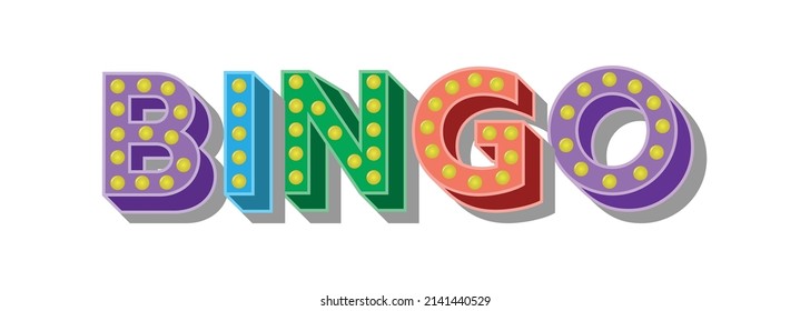  luminous BINGO sign with light bulbs. A three-dimensional inscription for the thematic design of a casino or lottery.
