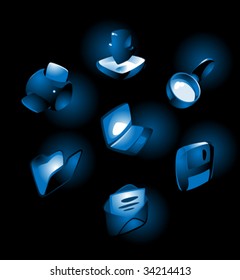 Luminous blue icons for computer and website: laptop, print, download, folder, save, e-mail, find. Vector illustration.