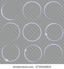 Luminous Blue Light Rings and Trails Vector Set Neon realistic energy flare halo ring. Collection of futuristic hud podiums or portals blue or neon HUD PNG. Blue glowing magic ring. Food isolated.