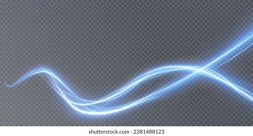 Luminous blue lines png of speed. Light glowing effect png. Abstract motion lines. Light trail wave, fire path trace line, car lights, optic fiber and incandescence curve twirl