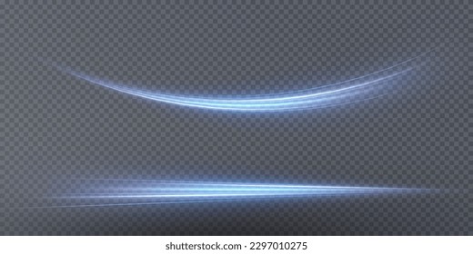  Luminous blue lines png of speed. Light glowing effect png. Abstract motion lines. Light trail wave, fire path trace line, car lights, optic fiber and incandescence curve twirl