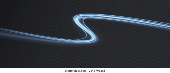 Luminous blue lines png of speed. Light glowing effect png. Abstract motion lines. Light trail wave, fire path trace line, car lights, optic fiber and incandescence curve twirl