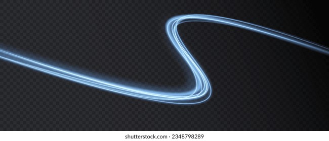 Luminous blue lines png of speed. Light glowing effect png. Abstract motion lines. Light trail wave, fire path trace line, car lights, optic fiber and incandescence curve twirl