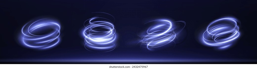 Luminous blue lines png of speed. Light glowing effect png. Abstract motion lines. Light trail wave, fire path trace line, car lights, optic fiber and incandescence curve twirl	