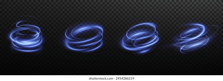 Luminous blue lines png of speed. Light glowing effect png. Abstract motion lines. Light trail wave, fire path trace line, car lights, optic fiber and incandescence curve twirl