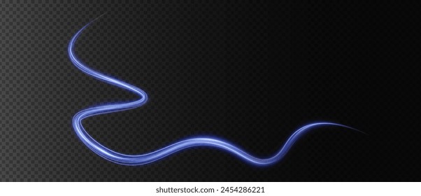 Luminous blue lines png of speed. Light glowing effect png. Abstract motion lines. Light trail wave, fire path trace line, car lights, optic fiber and incandescence curve twirl