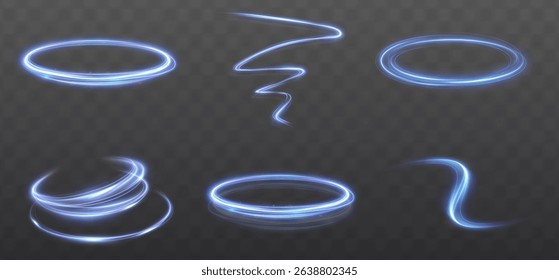 Luminous blue lines of speed. Light glowing effect . Abstract motion lines. White background isolated Light trail wave, fire path trace line, car lights, optic fiber and incandescence curve twirl.