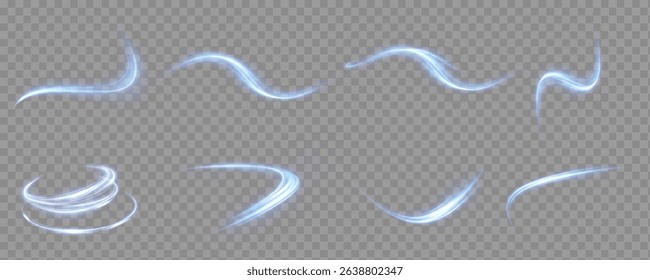 Luminous blue lines of speed. Light glowing effect . Abstract motion lines. White background isolated Light trail wave, fire path trace line, car lights, optic fiber and incandescence curve twirl.