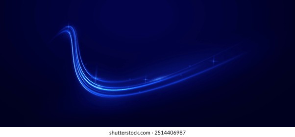 Luminous blue lines speed. Neon color glowing lines background, high-speed light trails effect. Futuristic dynamic motion technology.