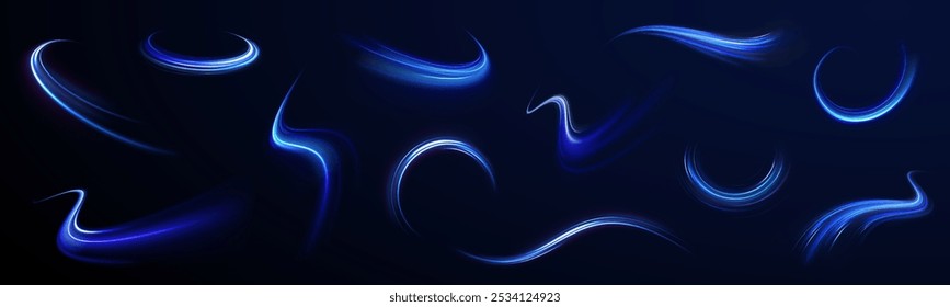 Lichtblaue Linien Geschwindigkeit. Neonfarben leuchtenden Linien Hintergrund, High-Speed-Licht Trails Effekt. Futuristische dynamische Bewegungstechnologie.
