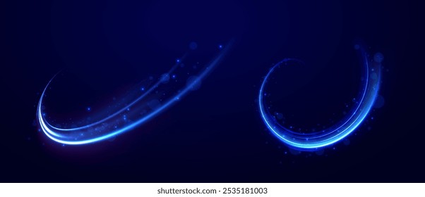 Luminous blue lines speed. Neon color glowing lines background, high-speed light trails effect. Futuristic dynamic motion technology.