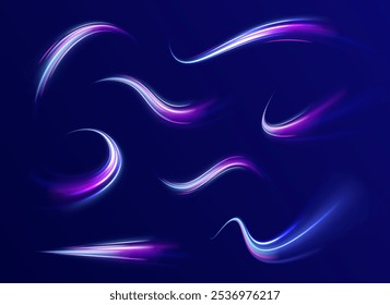 Luminous blue lines speed. Neon color glowing lines background, high-speed light trails effect. Futuristic dynamic motion technology.