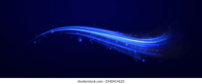 Luminous blue lines speed. Neon color glowing lines background, high-speed light trails effect. Futuristic dynamic motion technology.