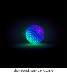 A luminous blue neon ball stands on a black plane.