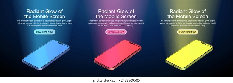 La pantalla del smartphone azul luminoso, rojo y amarillo. Pantalla de luz del teléfono inteligente, computadora o pantalla brillante de la tableta.  Tecnología de la luz de pantalla móvil. Ilustración vectorial.