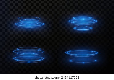 Luminous blue twirl lines png of speed. Light podium glowing effect png. Abstract motion lines. Collection of futuristic hud podiums or portals blue or neon HUD PNG.